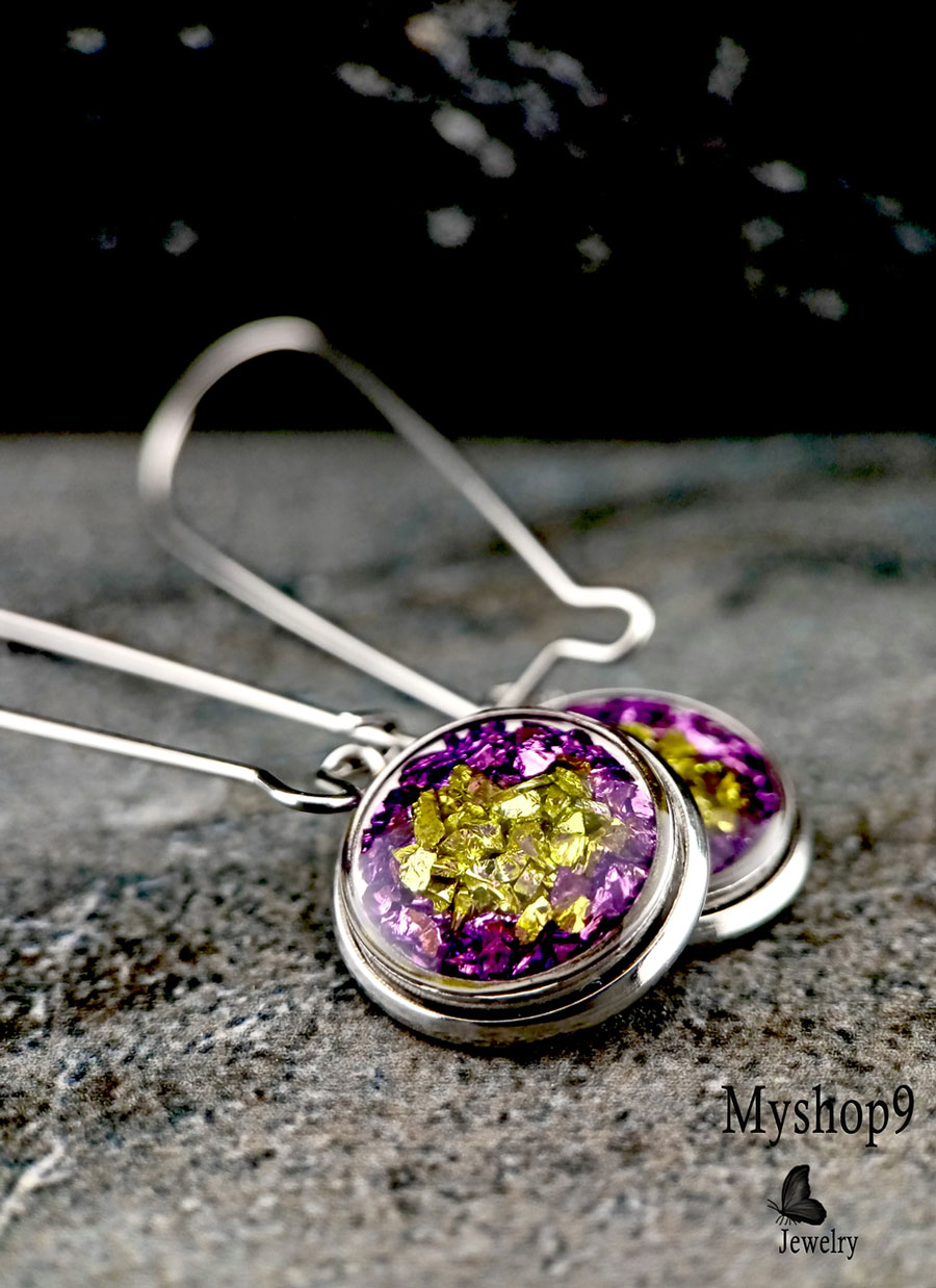 Corporate Gift Idea – Handmade SparkleChip Earrings – Olive-Green & Purple Chips – Unique Accessories for Corporate Gifting - Image 2