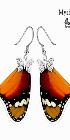 danaus chrysippus butterfly wing earrings sustainable jewelry closeup