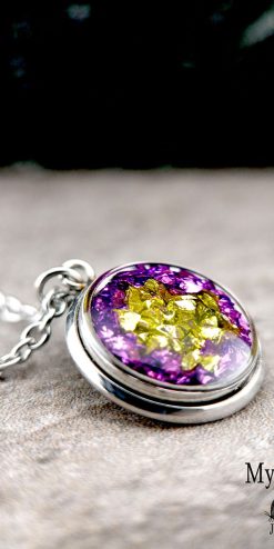 Handmade Necklace with Sparkle Olive-Green & Purple Chips – Natural Material Jewelry for Eco-Lovers