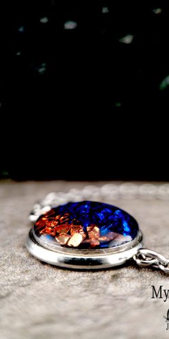 handmade small batch blue dark orange chips necklace business gifts closeup3