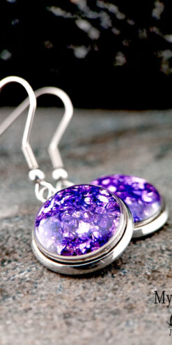 mixed material purple sparkle chip earrings artistic jewelry closeup1