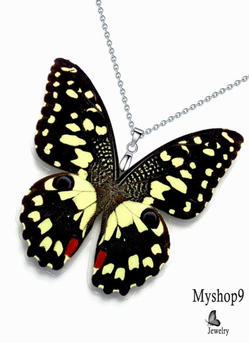Sustainable handmade Papilio Demoleus butterfly wing necklace for eco-conscious businesses