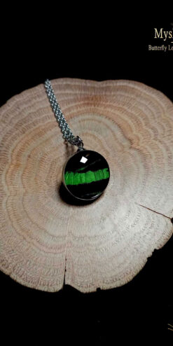 Affordable Urania leilus moth wing necklace, 18mm handmade glass pendant, real butterfly wing jewelry for budget-friendly gifts
