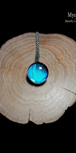 Blue Morpho Butterfly Necklace with real wing pendant under glass lens – symbolic transformation jewelry