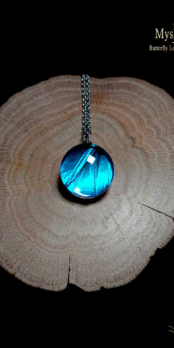 Real Morpho menelaus Blue Morpho butterfly wing necklace (20mm) with iridescent blue wing preserved under glass lens, artisan handmade nature jewelry pendant