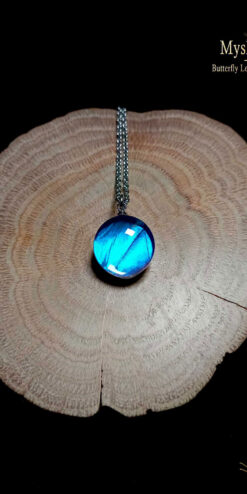 Blue Morpho real butterfly wing necklace (16mm) with iridescent Morpho menelaus wing preserved under glass, handmade nature jewelry gift for her