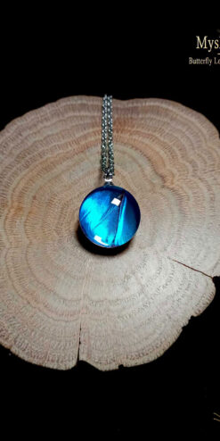 Real Morpho menelaus Blue Morpho butterfly wing necklace (18mm) with iridescent blue wing preserved under glass lens, handmade butterfly jewelry birthday gift for her