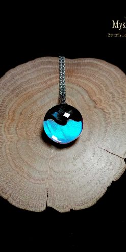 Blue Morpho butterfly wing necklace – real Papilio maackii wings under glass, eco-friendly handmade pendant