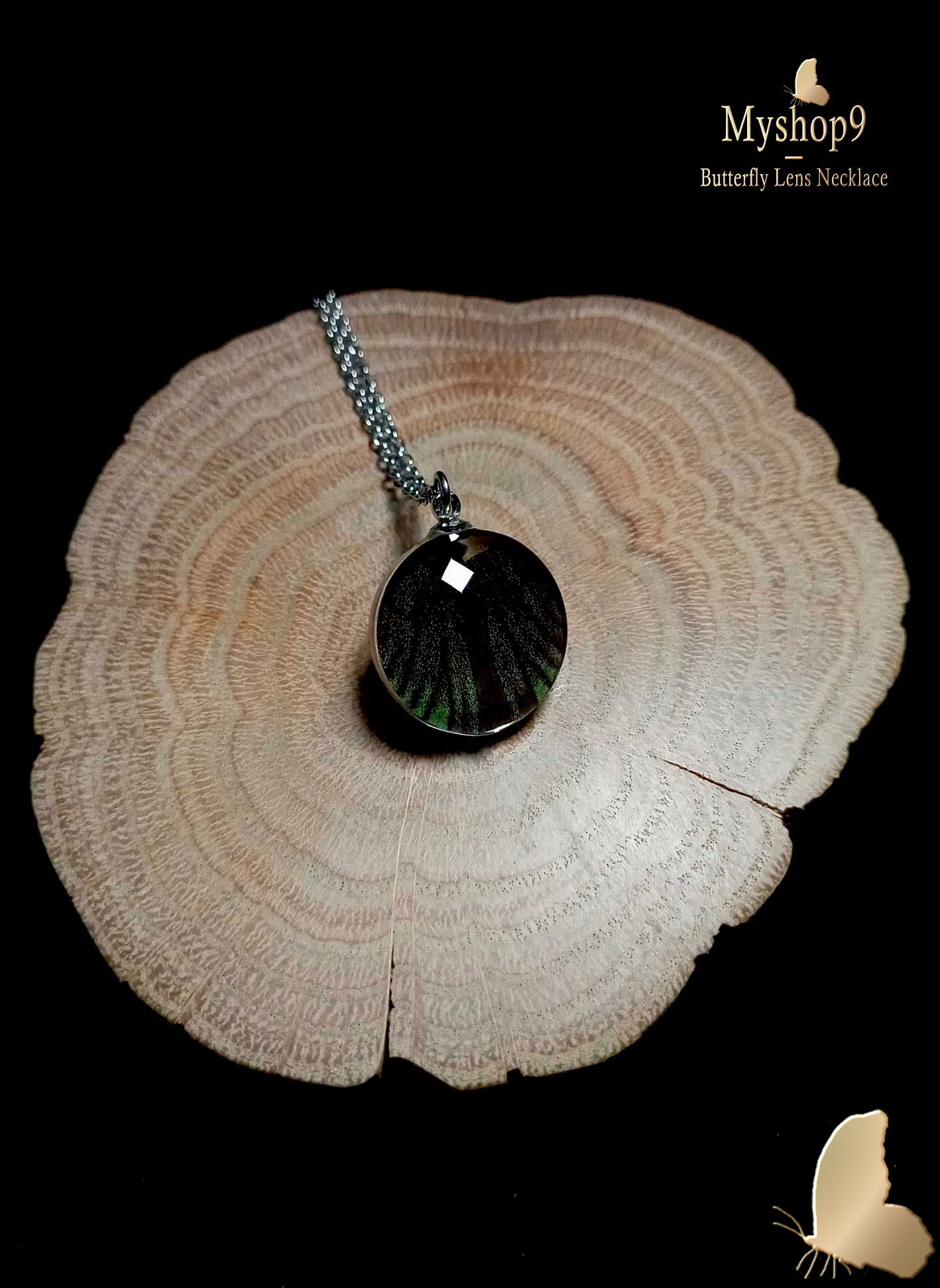 Bulk Papilio maackii spring form butterfly wing pendants, 20mm glass lens necklaces, handmade eco-friendly nature jewelry for shops, boutiques, and resellers