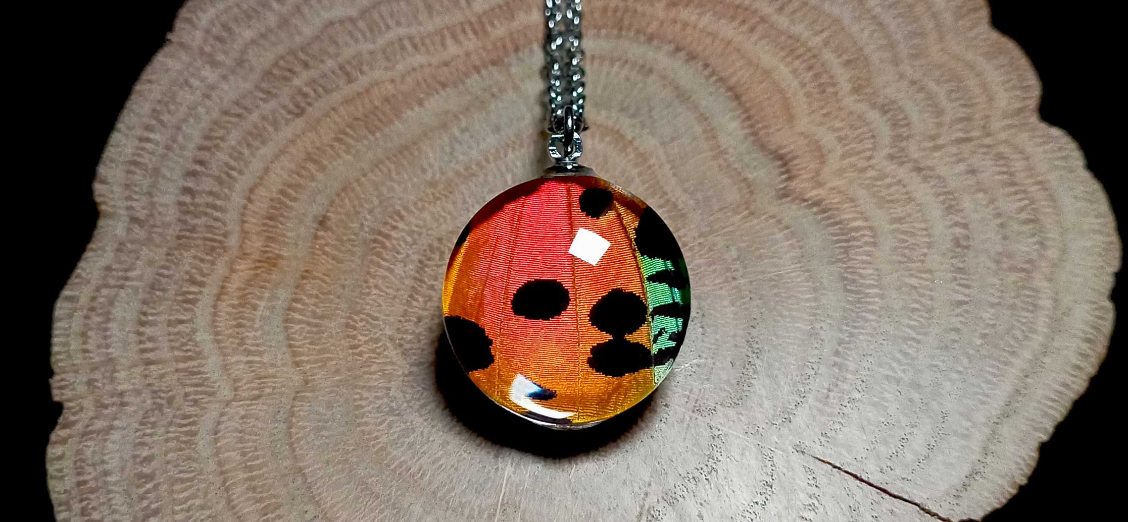 Butterfly Lens Jewelry made with real wings from over 90 butterfly species preserved in convex glass