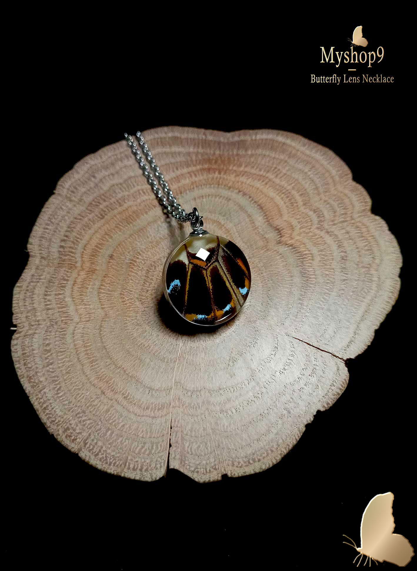 Handmade Papilio lormieri butterfly wing pendant under glass, 20mm lens necklace, collectible nature-inspired jewelry