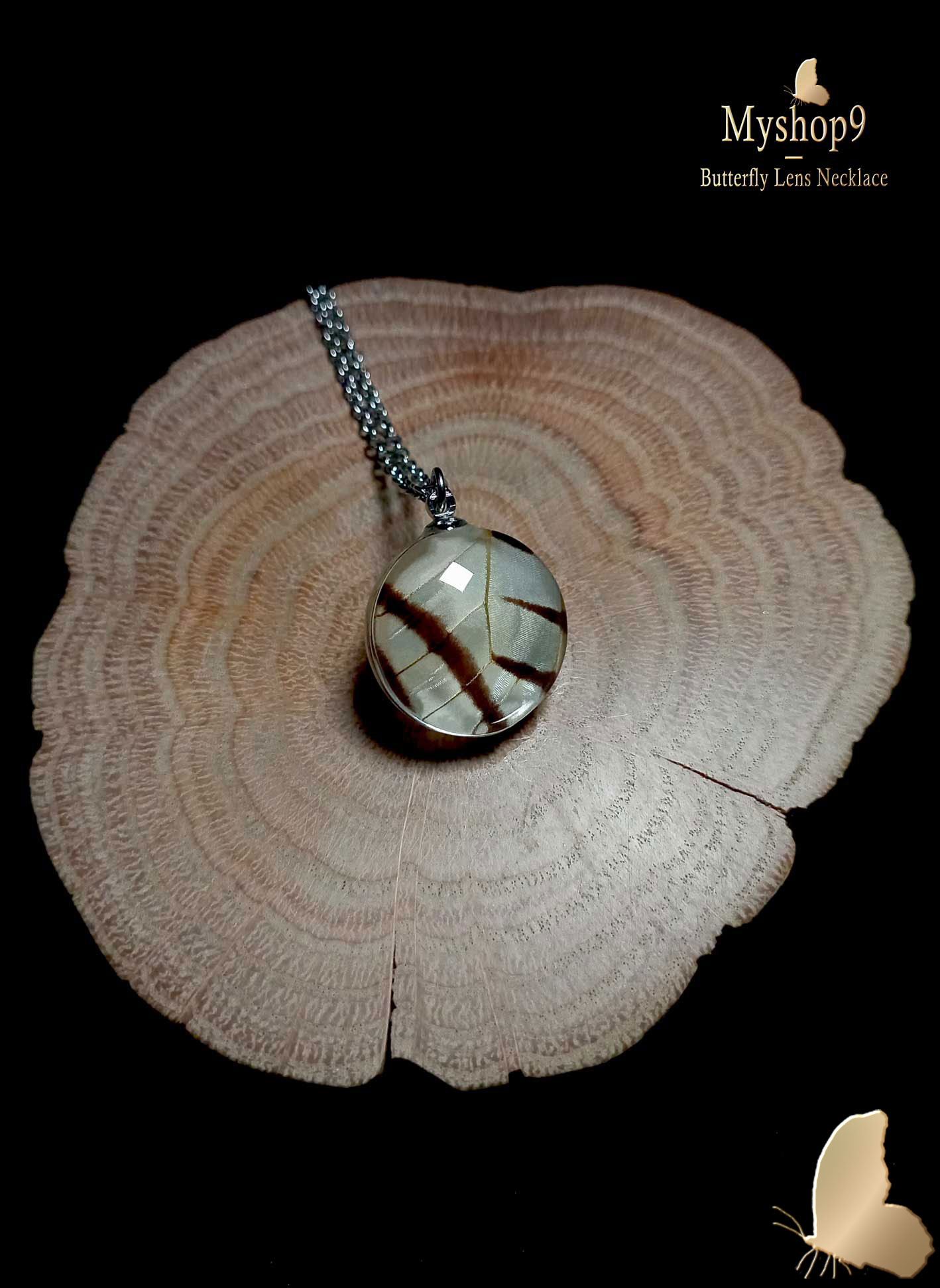 Eurytides protesilaus butterfly wing necklace for women, 20mm glass lens pendant, eco-friendly handmade nature jewelry gift