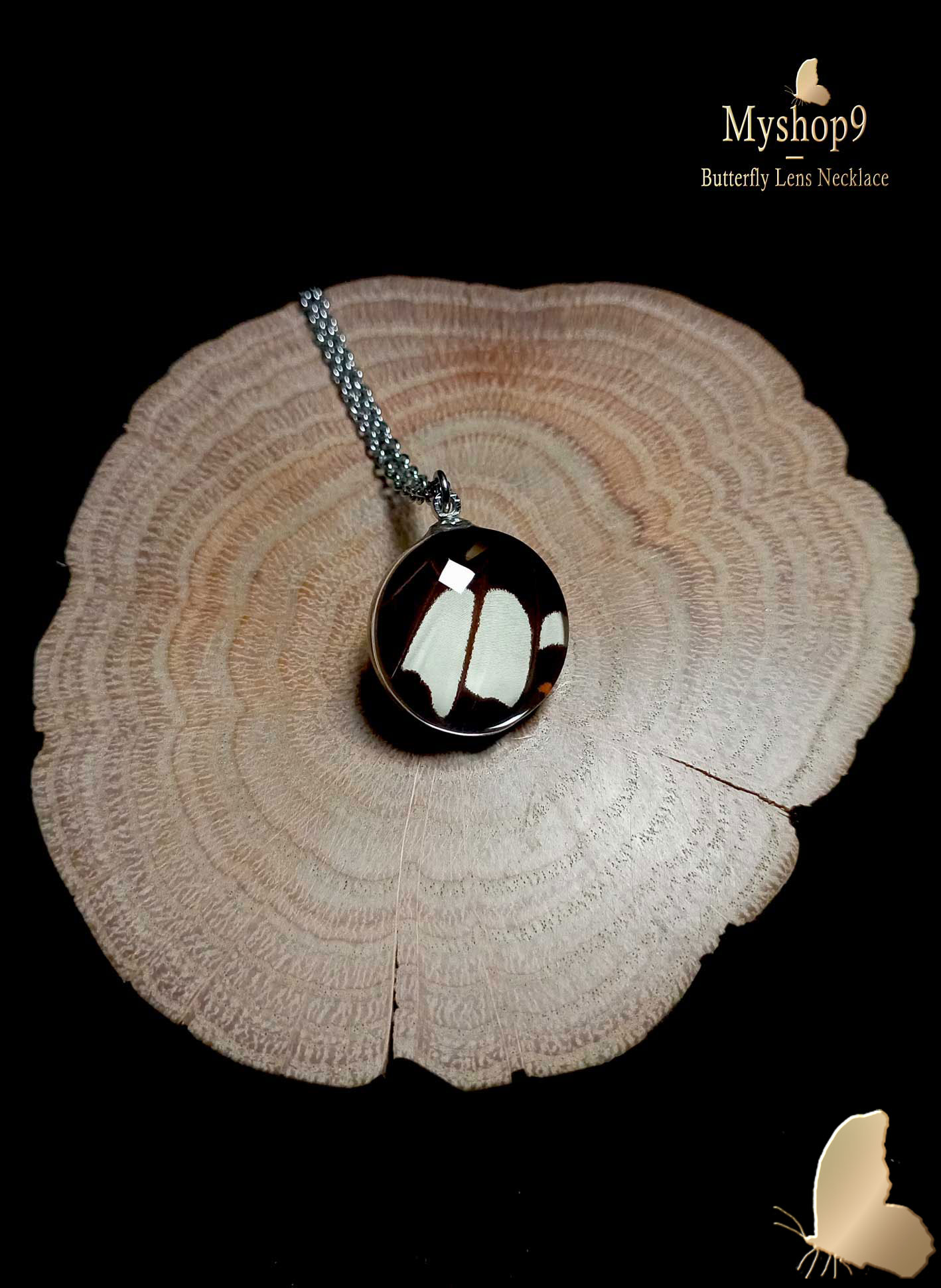 Handmade Papilio helenus butterfly wing pendant under glass dome, 20mm necklace, eco-friendly nature jewelry for collectors and women