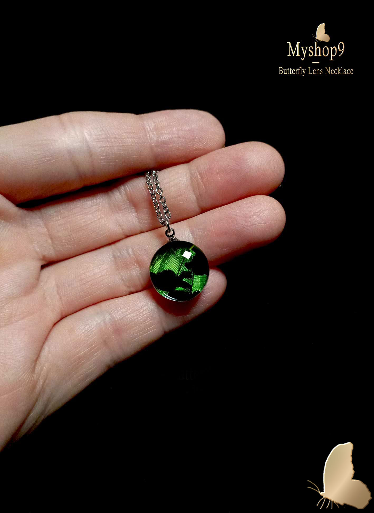 Elegant artisan Sunset Butterfly Necklace with authentic Urania ripheus wing preserved under fine glass lens, luxury nature-inspired jewelry for collectors