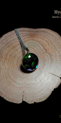 Real Papilio palinurus butterfly wing pendant under 20mm glass dome, emerald swallowtail jewelry with morpho wing accents, unique nature-inspired gift