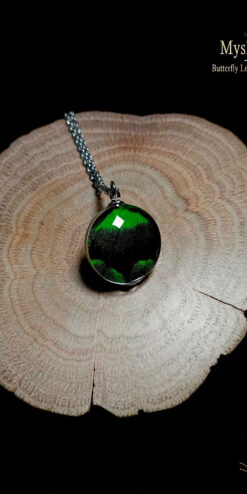 Real Papilio palinurus butterfly wing pendant under 20mm glass lens, iridescent green emerald swallowtail necklace, wholesale jewelry for eco shops and boutiques