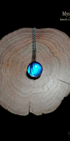 Exclusive Blue Morpho real butterfly wing necklace (14mm) featuring iridescent Morpho menelaus wing preserved under glass, artisan jewelry sophisticated gift for her