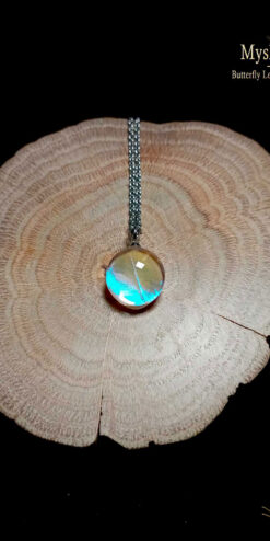 Fine real wing butterfly necklace (14mm) with authentic Morpho sulkowskyi Blue Morpho wing under handcrafted glass lens, iridescent nature-inspired pendant for collectors