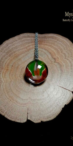 Educational butterfly wing necklace (20mm) with real Graphium weiskei emerald swallowtail wing under glass lens, nature study jewelry gift for schools, camps, and science shops