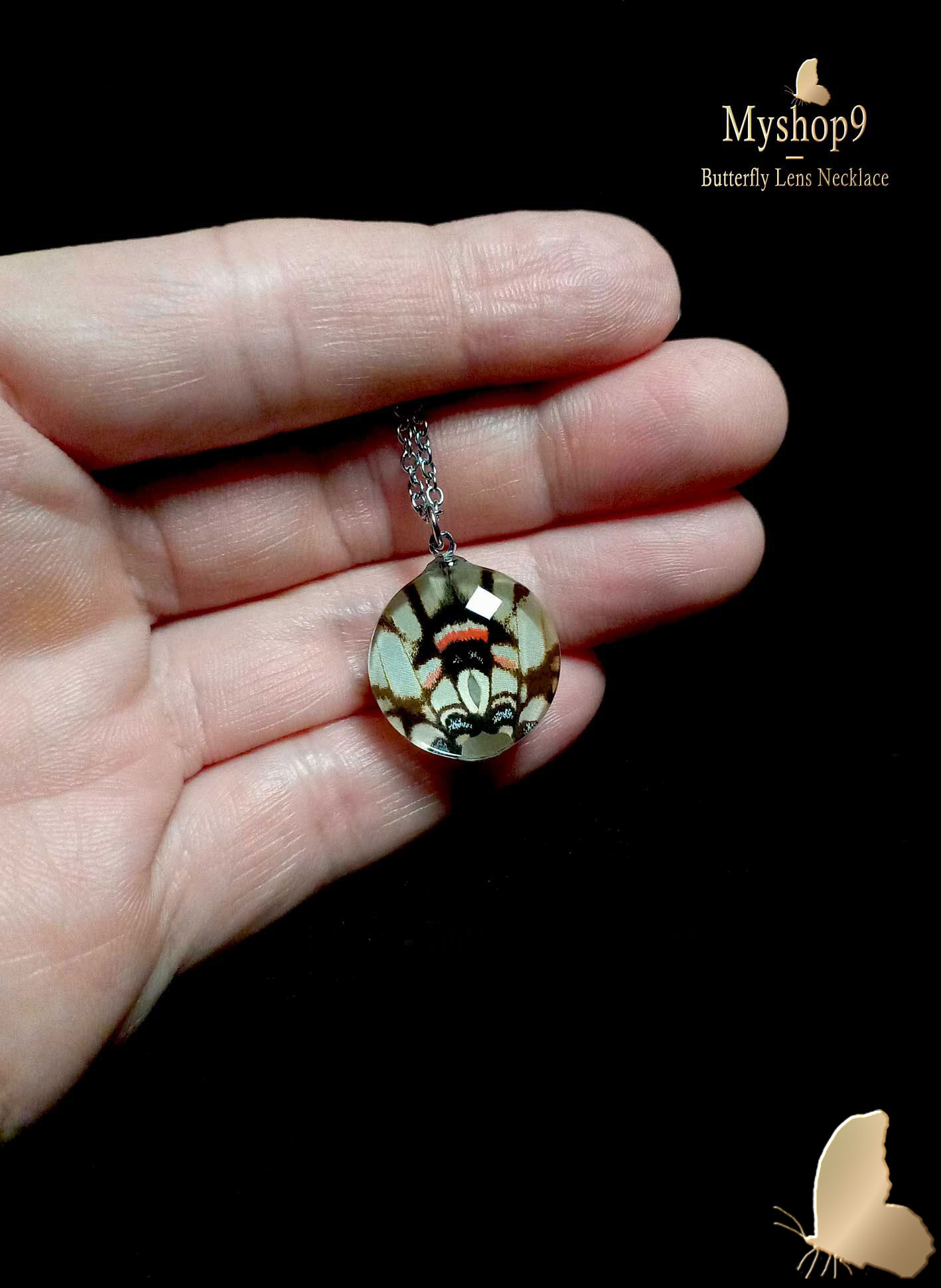 Handmade 20mm Eurytides agesilaus butterfly wing necklace under glass, eco-friendly jewelry for boutiques and collectors