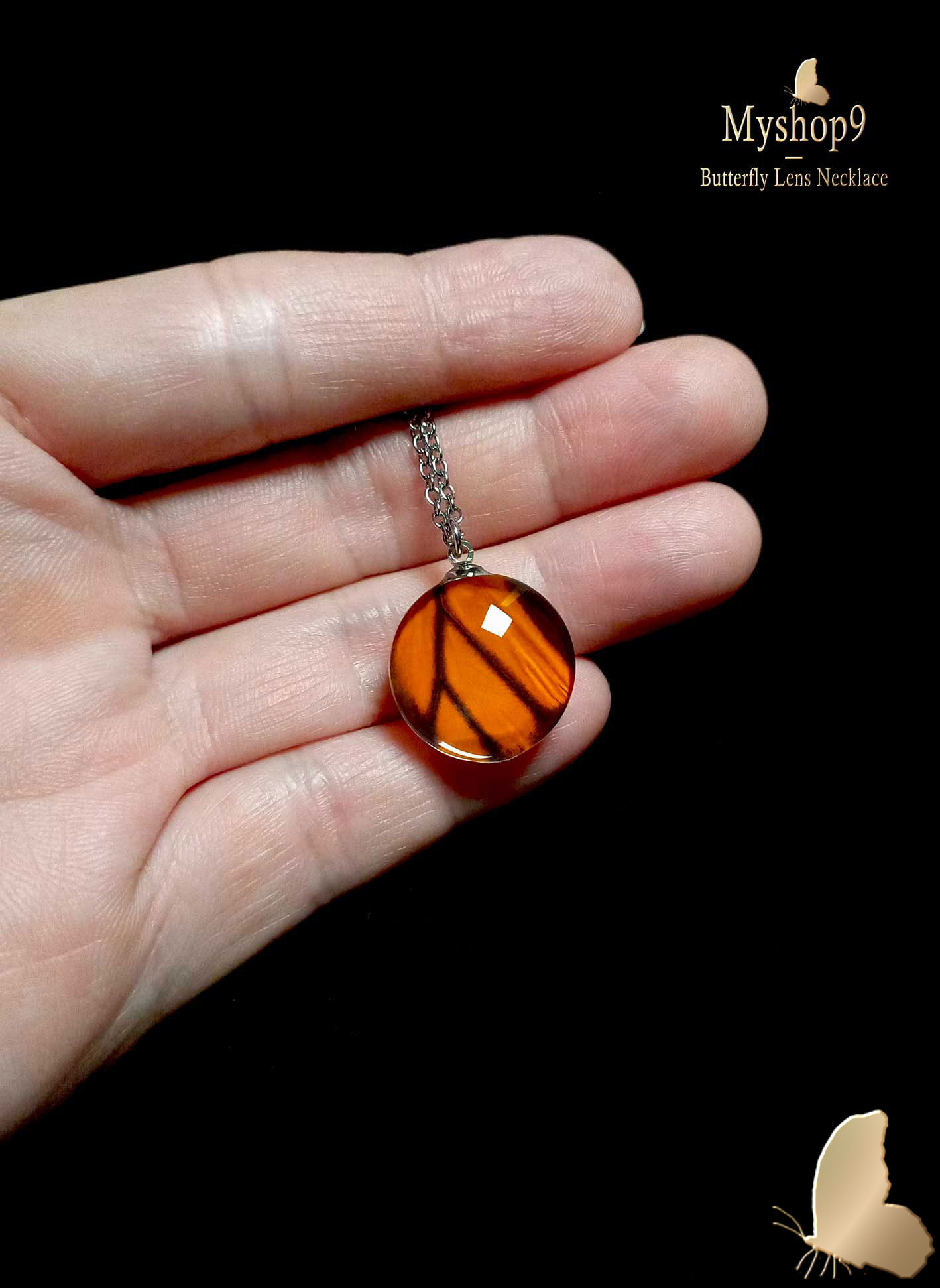 Danaus plexippus real butterfly wing necklace, 20mm glass lens, handmade wholesale pendant, symbolic jewelry of transformation and resilience
