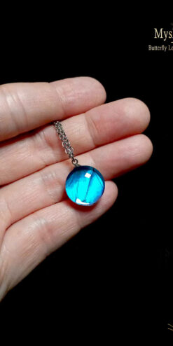 Iridescent Blue Morpho butterfly necklace with real Morpho menelaus wing in small glass pendant, unique nature inspired gift for her