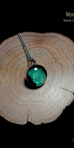 Handmade Papilio nireus butterfly wing pendant 18mm, iridescent blue-green glass lens necklace, nature-inspired jewelry gift