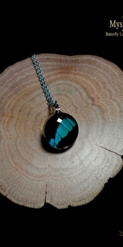 Handmade Papilio nireus butterfly wing pendant 18mm, iridescent blue-green wing under glass, limited edition nature-inspired necklace