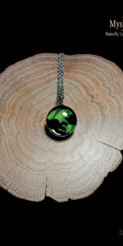 Luxury Sunset Butterfly Wing Necklace (16mm) with authentic Urania ripheus Madagascan moth wing under fine glass lens, handmade artisan nature jewelry pendant