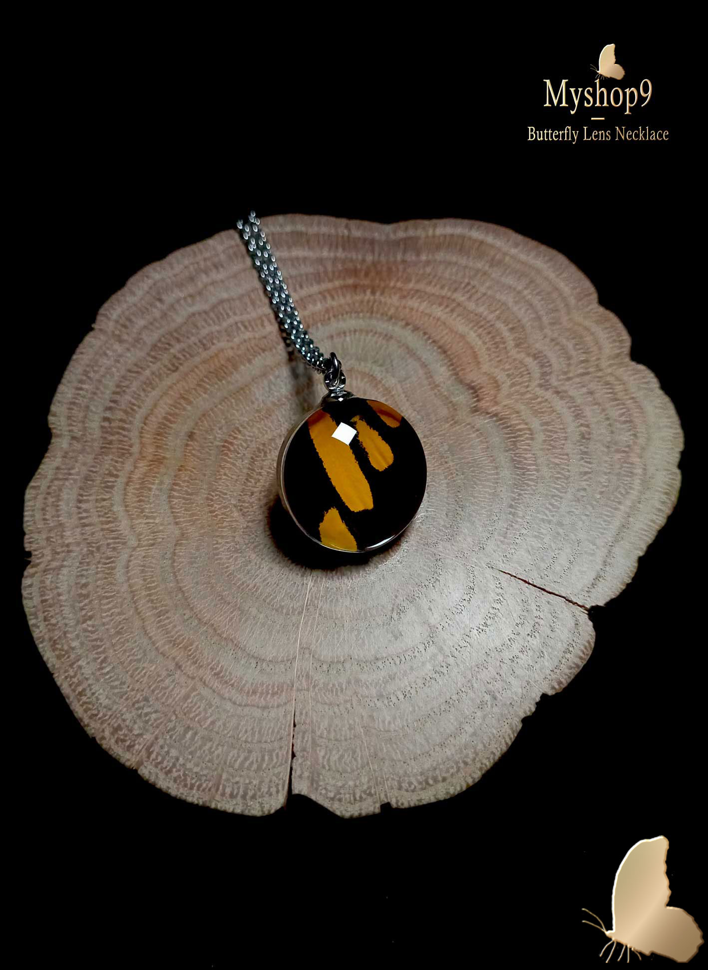 Handmade Papilio thoas butterfly pendant under glass, spiritual necklace for meditation and energy work, 20mm
