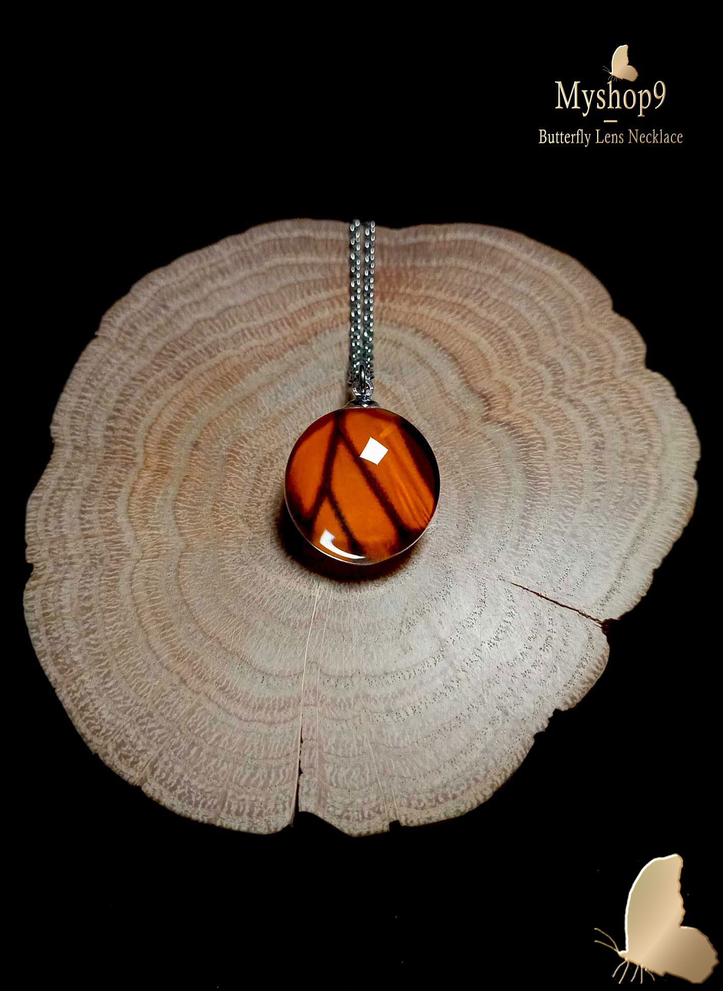 Wholesale Danaus plexippus monarch butterfly wing necklace, 20mm glass lens pendant, handmade nature-inspired jewelry for market sellers