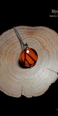 Natural material monarch butterfly wing necklace, 20mm handmade glass lens pendant, wholesale jewelry for resellers and boutiques