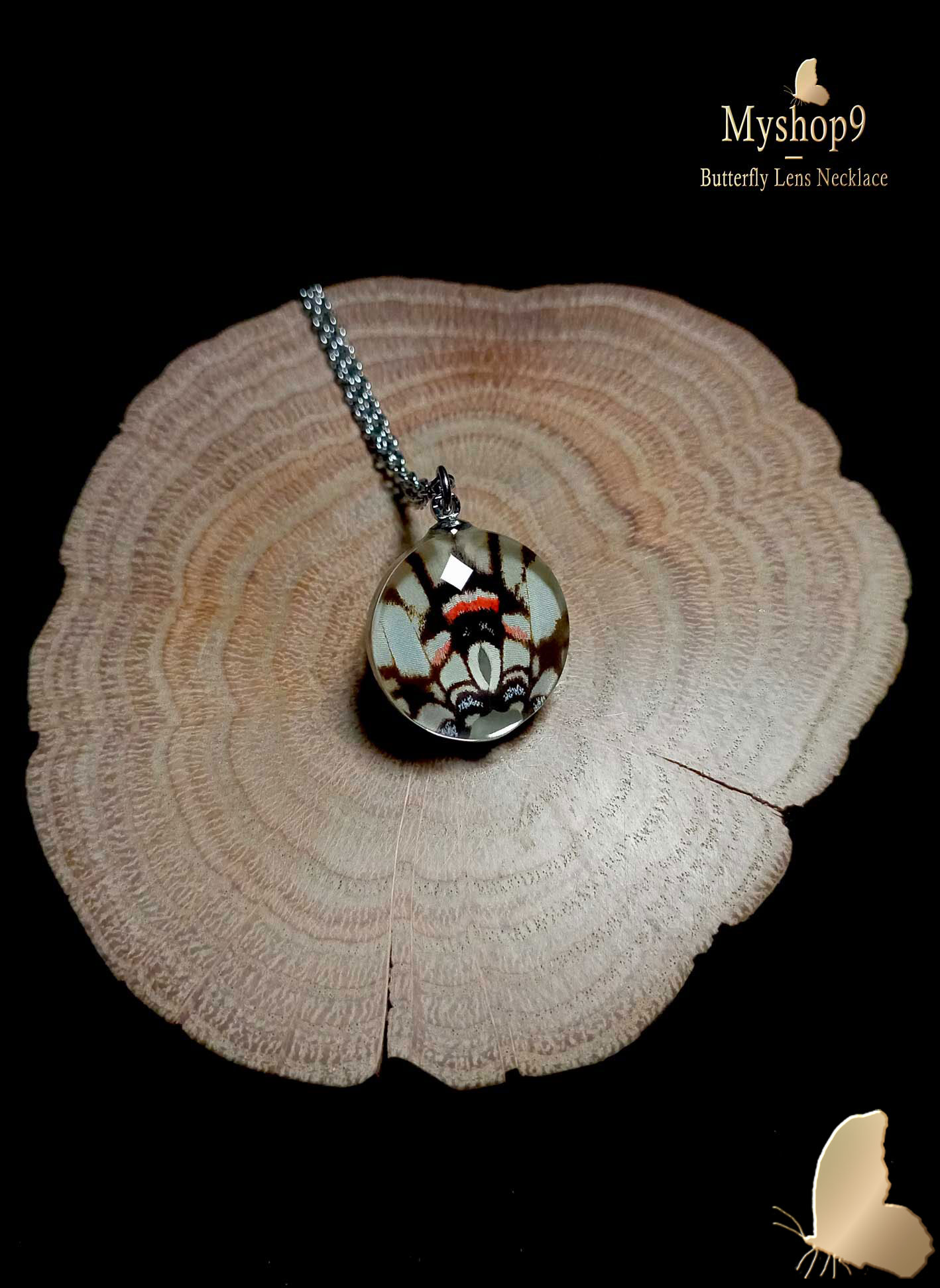 Real Eurytides agesilaus butterfly wing encased in 20mm glass lens, handmade nature-inspired pendant for boutique jewelry sales