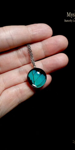 Eco-friendly handcrafted Papilio nireus butterfly wing necklace 18mm under glass, unique nature-inspired jewelry gift