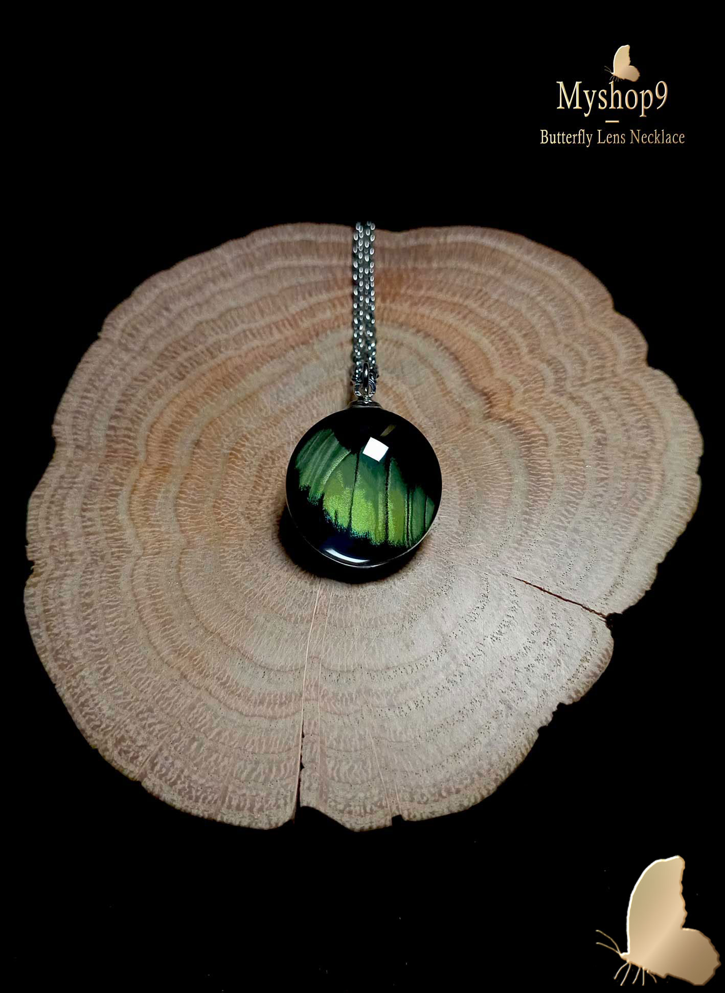Panacea prola butterfly wing necklace 20mm, eco-friendly handmade glass lens pendant, wholesale nature-inspired jewelry for stores