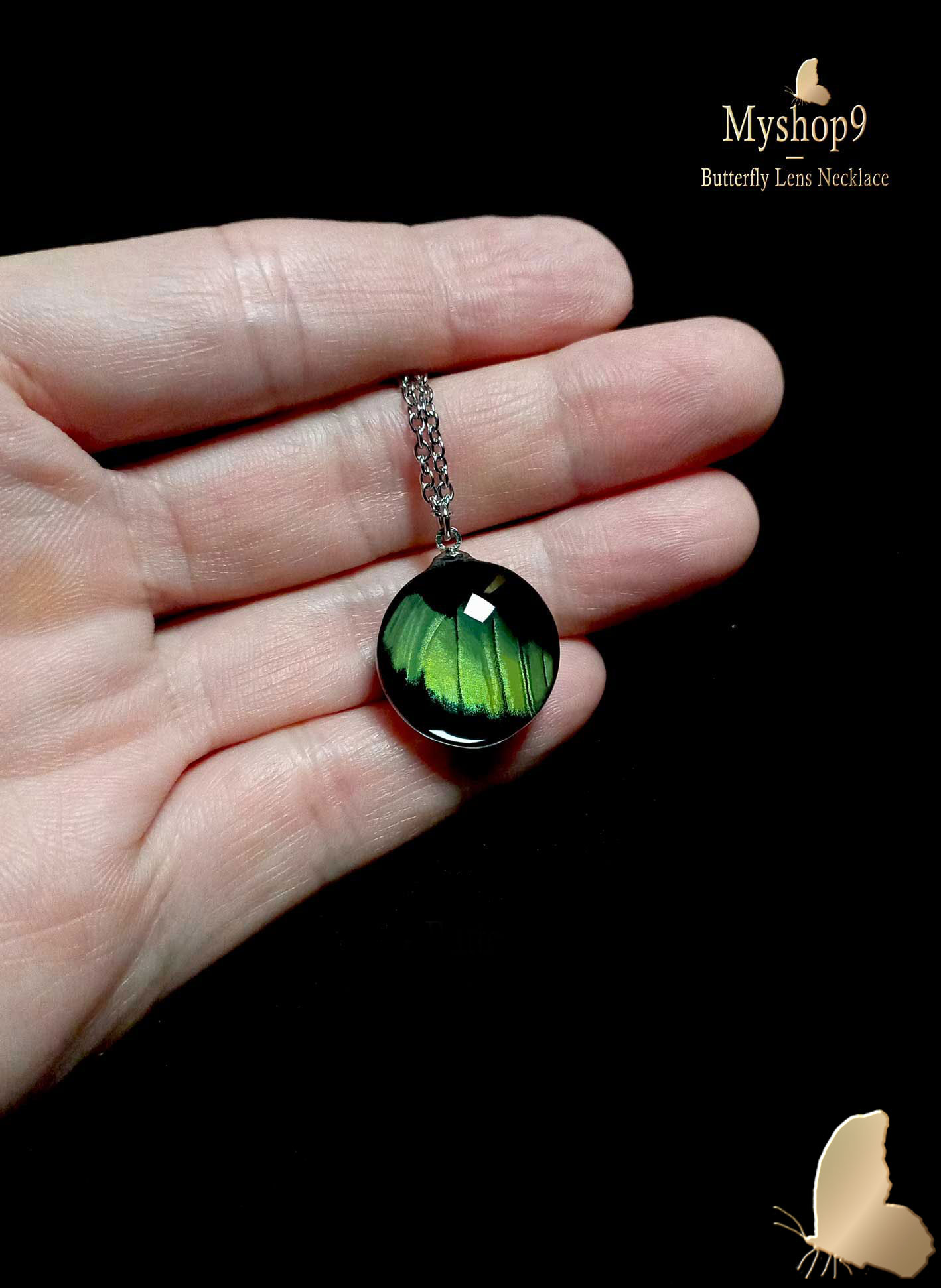 Panacea prola real butterfly wing necklace 20mm, glass lens pendant, handmade eco-friendly jewelry, bulk order for boutiques and nature shops