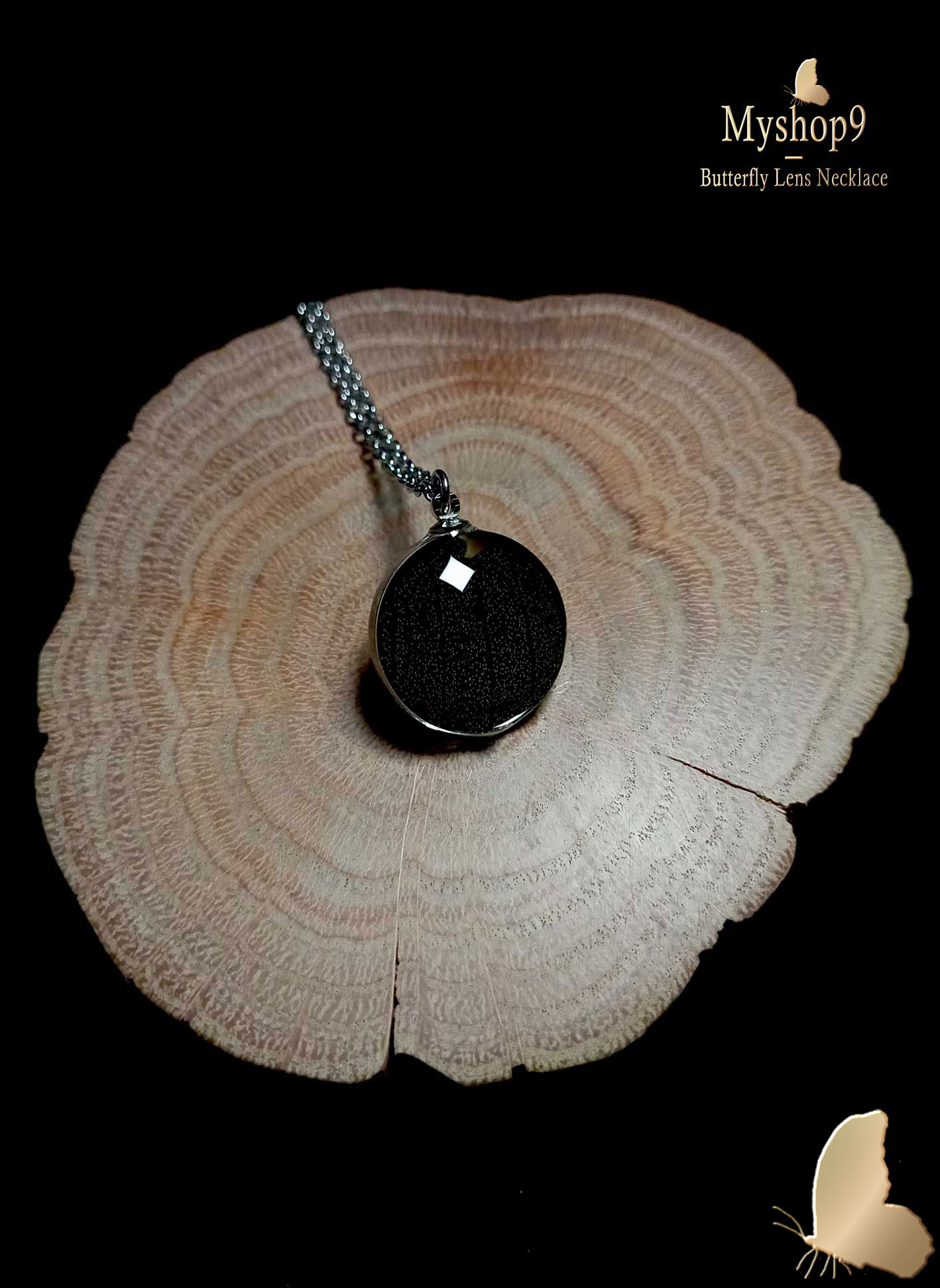 Real Papilio blumei butterfly wing necklace under 20mm glass lens, wholesale affordable jewelry for market sellers, boutiques, and bulk buyers
