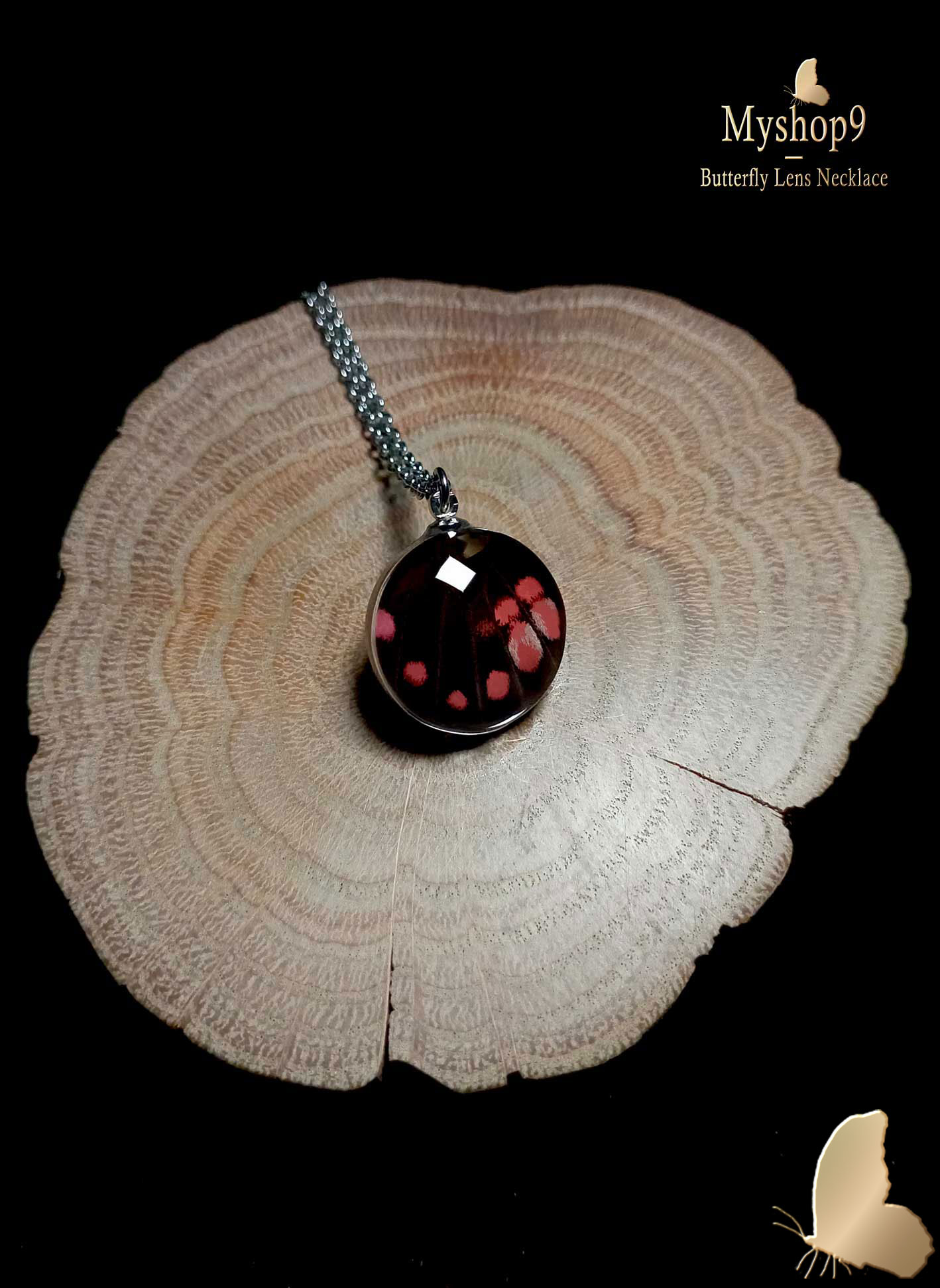 Handmade Papilio isidorus butterfly wing pendant 20mm, glass lens necklace, eco-friendly gift for women and collectors