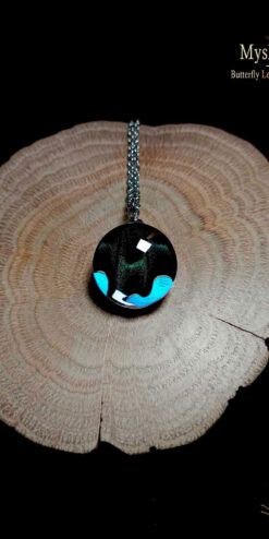 Papilio maackii butterfly wing necklace (20mm) under glass with iridescent blue-green wing, handmade nature-inspired jewelry gift for her and collectors