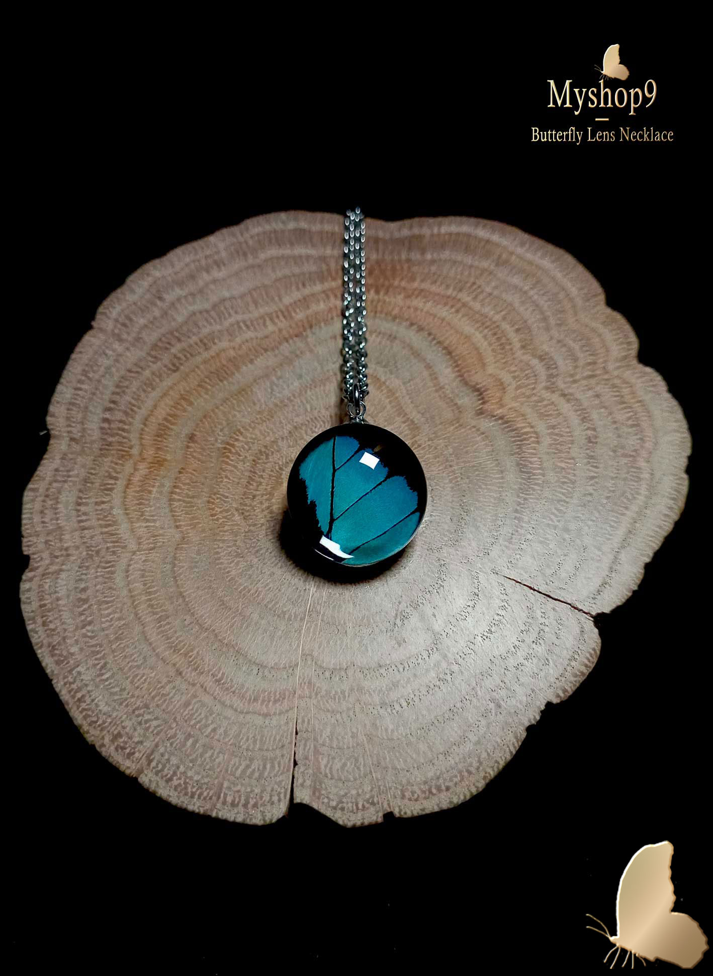 Handcrafted Papilio nireus butterfly wing necklace 18mm, blue-green iridescent wing pendant under glass, eco-friendly jewelry gift