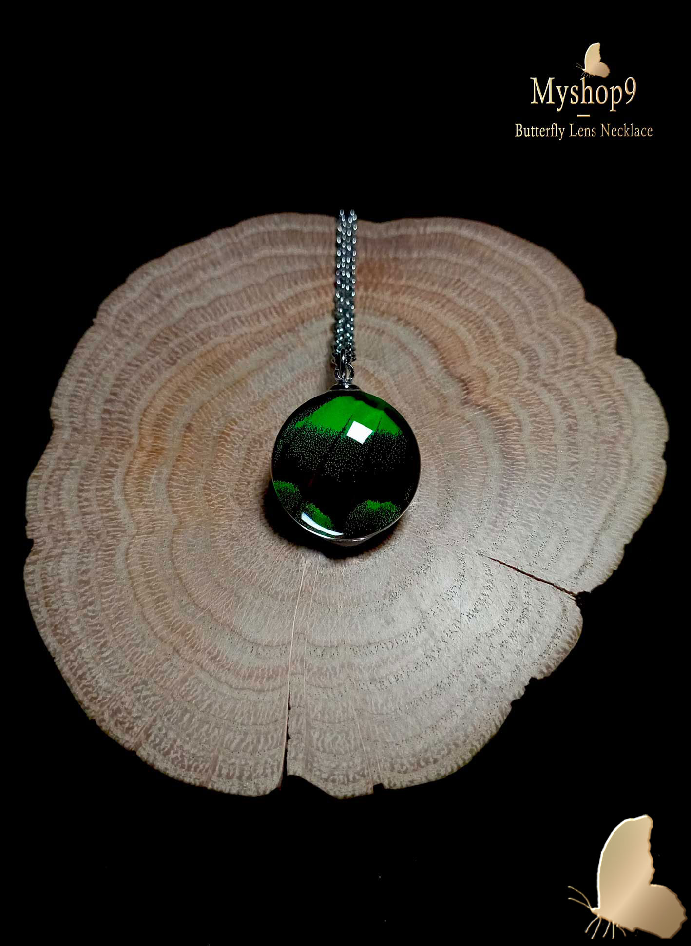 Bulk real butterfly wing necklace (20mm) with Papilio palinurus emerald swallowtail wing under glass, iridescent green nature-inspired jewelry for eco shops and resellers