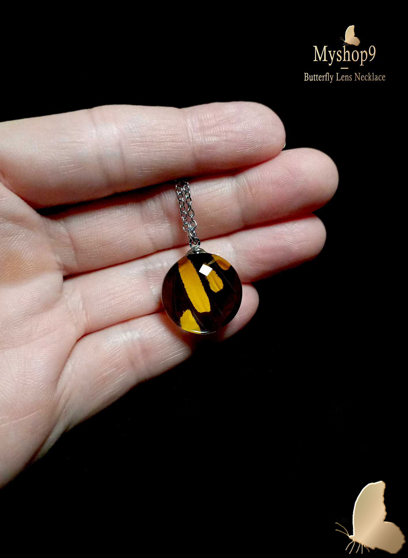 Real Papilio thoas butterfly wing necklace, symbolic transformation and spiritual healing pendant, 20mm glass lens