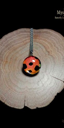 Real sunset butterfly necklace (18mm) with vibrant Urania ripheus wing in red orange and green preserved under glass lens, nature jewelry thoughtful gift for mom