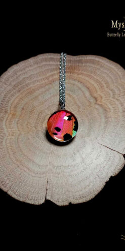 Real sunset butterfly wing pendant (16mm) with red, orange, and green Urania ripheus wing preserved under glass, handmade nature-inspired jewelry gift for women