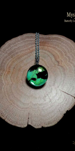Sunset butterfly wing pendant (18mm) with real Urania ripheus green wing preserved under glass lens, handmade nature inspired butterfly necklace