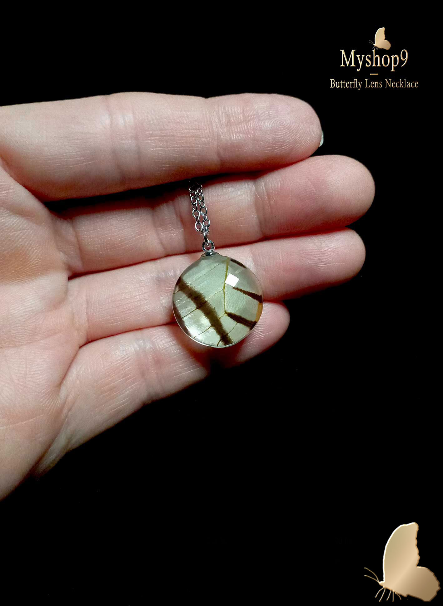 Real 20mm Eurytides protesilaus butterfly wing pendant necklace, unique nature-inspired jewelry gift for women