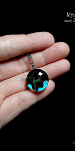 Real Papilio maackii butterfly wing necklace, 20mm glass pendant, handcrafted nature-inspired jewelry with blue-green iridescent wing, perfect gift for her or butterfly lovers