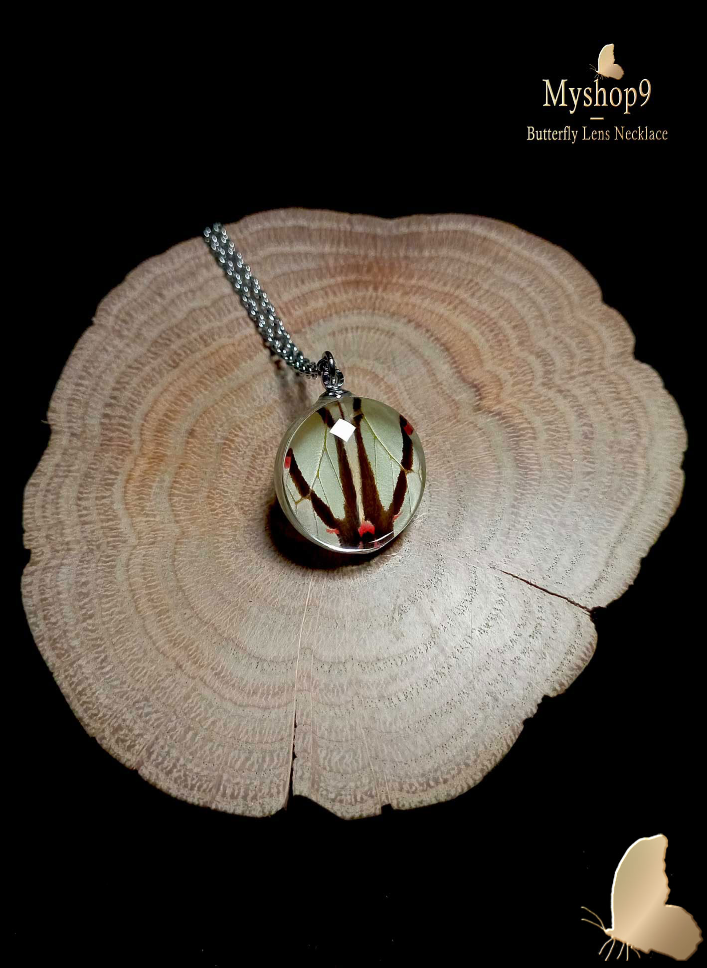 Wholesale Pathysa agetes butterfly wing necklace 20mm, handmade eco-friendly pendant for vendors and festival gift shops
